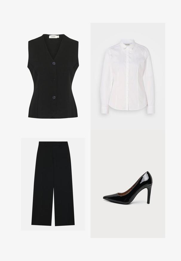 Zwarte mouwloze vest met V-hals, voorzien van vier grote ronde knopen en een getailleerde pasvorm. Geverfde breisel stof.; Witte button-down shirt van soepel katoen met een klassieke kraag, lange mouwen en een subtiel logo op de borst. Voorzien van een knoopsluiting aan de voorkant.; Zwart, wijde broek van een gladde stof. Heeft een plat tailleband met riemlussen en geen zichtbare zakken. Eenvoudig ontwerp.; Zwarte lakleren damesschoenen met hoge hak, puntige neus en smalle hak op een effen witte achtergrond.