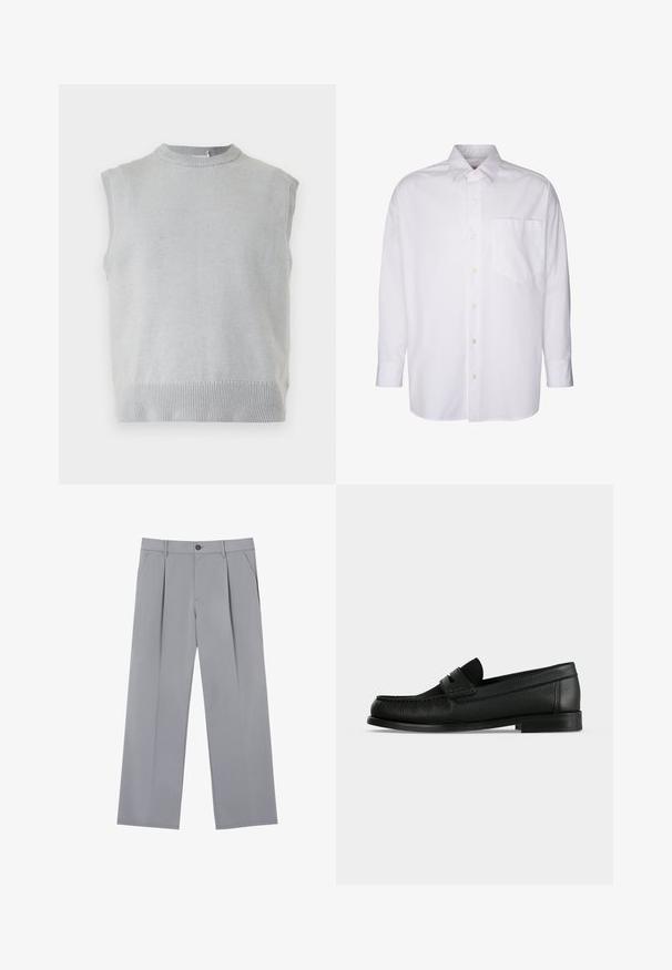 Gilet sans manches en tricot gris clair avec col rond côtelé et ourlet, présenté sur un fond uni.; Chemise blanche à manches longues en coton ; elle possède un devant à boutons, un col pointu et une poche sur la poitrine. Texture lisse, sans motifs.; Pantalons plissés gris à coupe décontractée, en tissu léger. Comprend des poches avant et une fermeture à bouton à la taille.; Mocassin penny en cuir noir avec surface texturée, petit talon et une lanière sur le dessus, présenté de profil sur un fond uni.