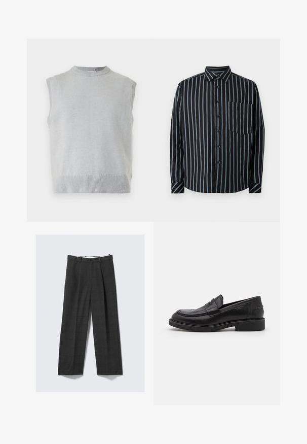 Gilet sans manches en tricot gris clair avec col rond côtelé et ourlet, présenté sur un fond uni.; Chemise noire à boutons avec des rayures verticales bleues, manches longues, col et poche poitrine. Tissu lisse, coupe décontractée, boutons standard.; Pantalons larges, gris foncé, avec un motif à carreaux, confectionnés dans un tissu texturé. Dotés d'une fermeture à bouton et de deux poches latérales.; Mocassins en cuir noir avec un bout arrondi, des coutures ton sur ton et un détail de sangle à l'avant. Semelle en caoutchouc avec un petit talon.