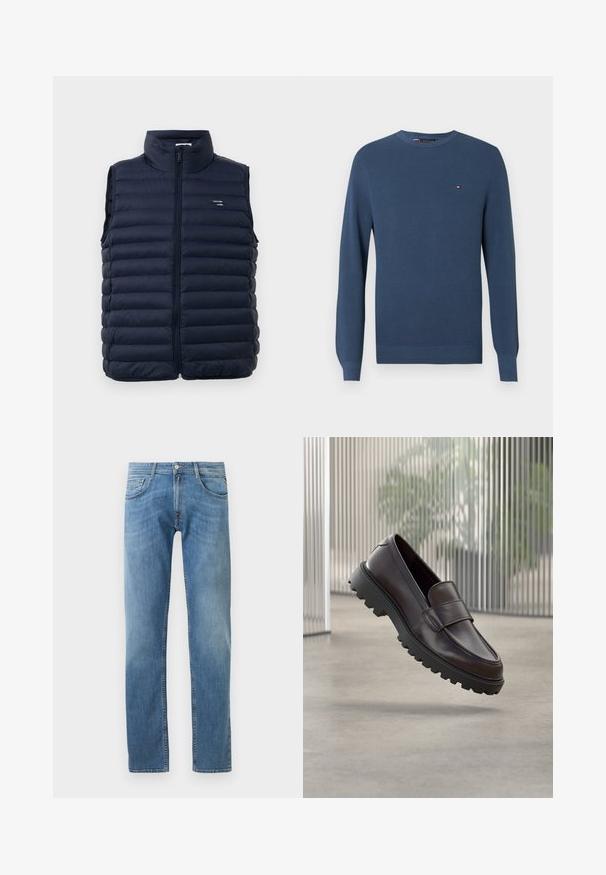 Námornícky puffer vest s vysokým golierom, plným zipsom a prešívaným dizajnom. Obsahuje logovú nášivku v oblasti ľavej hrude. Ľahký materiál.; Pánsky modrý sveter s dlhým rukávom z texturovanej pleteniny s okrúhlym výstrihom a malým logom na ľavej hrudi.; Svetlo modré džíny s rovný strihom, s piatimi vreckami, zapínaním na gombík a zips, a jemným vyblednutím pre textúru.; Hnedá kožená obuv na navliekanie s okrúhlou špičkou a pevnou čiernou gumovou podrážkou. Má dekoračný remienok cez priehlavok.