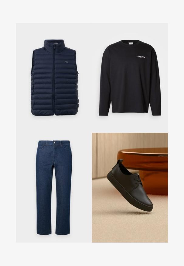 Námornícky puffer vest s vysokým golierom, plným zipsom a prešívaným dizajnom. Obsahuje logovú nášivku v oblasti ľavej hrude. Ľahký materiál.; Čierne tričko s dlhým rukávom vyrobené z bavlny s okrúhlym výstrihom. Na ľavej hrudi má biele logo a voľný strih. Hladká textura.; Tmavomodré nohavice s rovnými nohavicami, prednými vreckami, pútkami na opasok a kovovou gombíkovou zapínaním v páse na obyčajnom pozadí.; Čierna kožená neformálna teniska so šnúrkami, vznášajúca sa nad béžovým kobercom, na pozadí s okrúhlym jantárovým skleneným stolíkom.