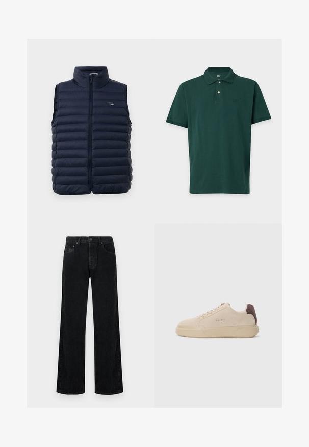 Marineblå puffer vest med høj krave, fuld lynlås og quiltet design. Har et logo-mærke på venstre brystområde. Letvægtsmateriale.; Mørkegrøn kortærmet polo med krave, to knapper og lille GAP-logo på venstre bryst, lagt fladt på en hvid baggrund.; Sorte vidde-ben jeans i denim med klassisk fem-lomme design, med knaplukning og subtilt falmet tekstur.; Beige ruskind sneakers med rund tå, snørret foran og en brun ruskindsdetalje på hælen. Har en tekstureret gummisål.