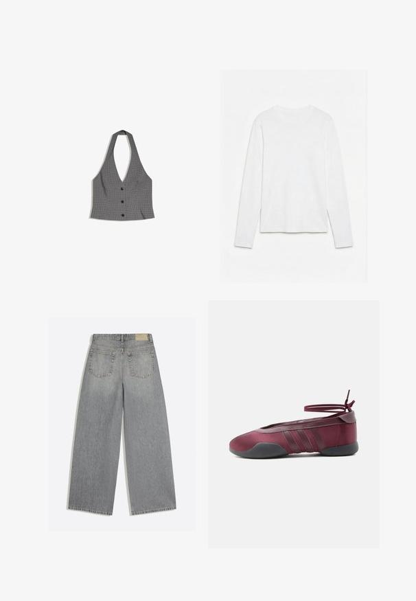 Haut dos nu à carreaux gris et noirs avec un décolleté en V profond et trois boutons noirs sur le devant, posé à plat sur un fond blanc.; T-shirt blanc uni à manches longues et col rond, posé à plat sur une surface blanche, montrant l'avant et la longueur complète des manches.; Jean en denim gris à jambes larges montrant l'arrière avec deux poches et des passants de ceinture, posé à plat sur fond blanc.; Ballerine bordeaux avec semelle noire, brides élastiques à la cheville nouées en nœud, et détails cousus sur les côtés, vue de l'extérieur.
