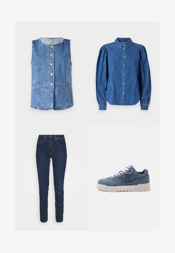 Gilet en denim bleu clair avec un col rond, six boutons sur le devant et deux poches latérales. Présente des détails cousus et une coupe structurée.; Chemise en denim de couleur bleu clair, avec un devant boutonné et un col tailleur. Présente des manches longues bouffantes et un ourlet arrondi.; Jean en denim bleu foncé avec une coupe slim, taille mi-haute, poches avant et fermeture éclair. Le tissu a une texture lisse.; Baskets en denim bleu avec semelle blanche et lacets, avec un grand emblème "C" sur le côté et un design en tissu texturé.