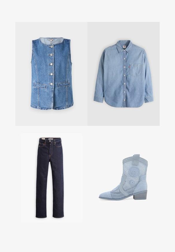 Chaleco de denim en azul claro con un escote redondo, seis botones frontales y dos bolsillos laterales. Presenta detalles de costura y un corte estructurado.; Camisa de mezclilla azul claro con cuello abotonado, bolsillo delantero y mangas largas. Presenta un dobladillo curvado y una textura sutil.; Jeans de mezclilla rectos de color azul oscuro con cinco bolsillos y costuras naranjas visibles sobre un fondo blanco.; Botín de tobillo azul claro con detalles de malla, bordado circular decorativo, ribete de ante, punta puntiaguda y tacón bajo apilado.