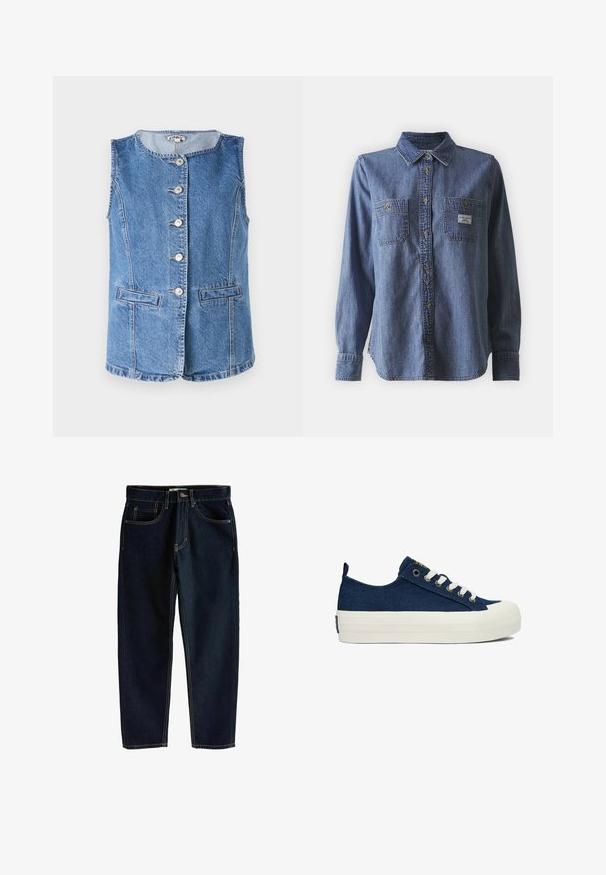 Lys blå denimvest med rund udskæring, seks frontknapper og to sidelommer. Har syninger og en struktureret pasform.; Blå denim langærmet skjorte med button-down krave, to brystlommer, klassisk pasform og subtil tekstur. Label på venstre lomme.; Next COLUMN TALL - Jeans Tapered Fit - rinse blue; Lavtop marineblå lærredsneaker med hvid gummisål, hvide snørebånd og metaløjer, vist fra den ydre side.