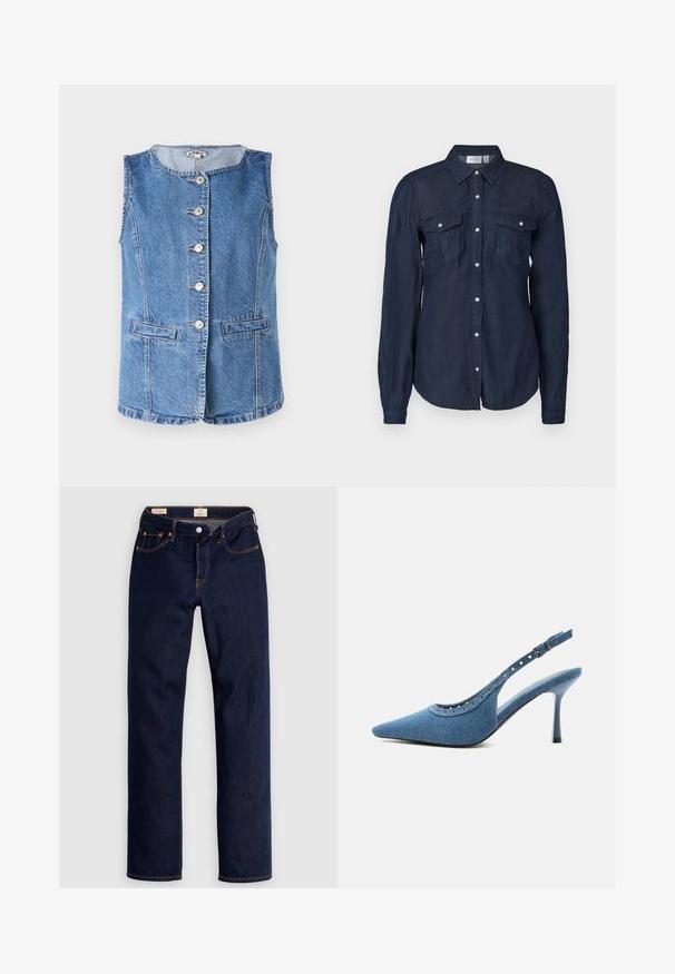 Lys blå denimvest med rund udskæring, seks frontknapper og to sidelommer. Har syninger og en struktureret pasform.; Marineblå knap-up skjorte i let materiale, med to forlommer, lange ærmer og en klassisk krave med buet kant.; Mørkeblå jeans med lige ben, orange syninger, fem lommer og knaplukning, lagt fladt på en lys baggrund.; Blå denim spids tå slingback sko med høj hæl, sølv øjendesign og justerbar spænde.