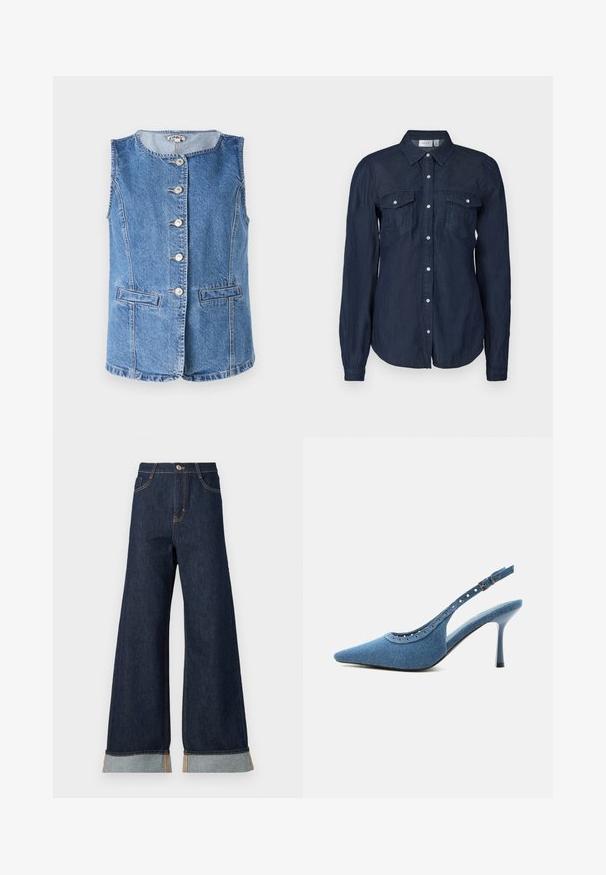Chaleco de denim en azul claro con un escote redondo, seis botones frontales y dos bolsillos laterales. Presenta detalles de costura y un corte estructurado.; Camisa de botones azul marino en tejido ligero, con dos bolsillos frontales, mangas largas y un cuello clásico con dobladillo curvado.; Jeans de mezclilla oscuros de pierna ancha con costuras naranjas, con una cintura alta, dos bolsillos delanteros y puños enrollados que muestran una tela de contraste en azul claro.; Zapato de tacón alto con puntera puntiaguda, trasera tipo slingback en denim azul con detalles de ojales plateados y correa ajustable con hebilla.