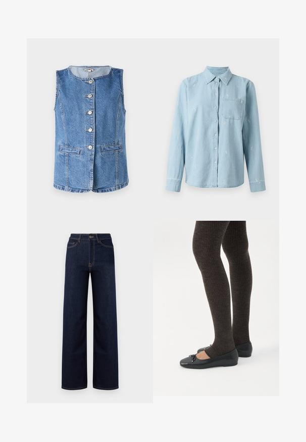 Gilet en denim bleu clair avec un col rond, six boutons sur le devant et deux poches latérales. Présente des détails cousus et une coupe structurée.; Chemise en jean bleu clair à manches longues, avec un bouton à l'avant et une poche sur la poitrine. Présente une broderie florale blanche sur le tissu.; Jeans en denim bleu foncé à jambes larges, avec une taille haute, quatre poches et des coutures contrastantes le long des coutures.; Jambes portant des leggings côtelés foncés associés à des ballerines noires avec de petits détails en nœud sur fond blanc.