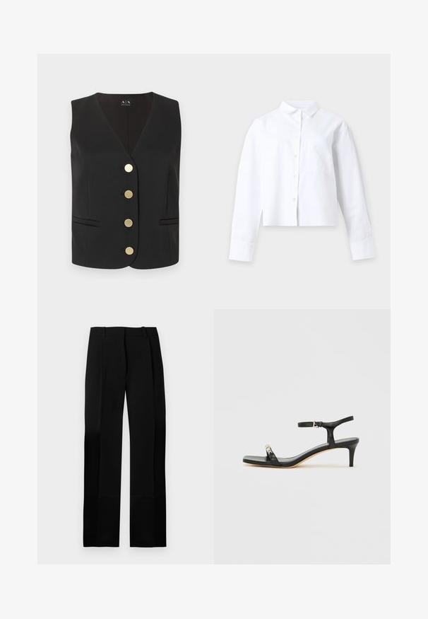 Veste noire sans manches avec col en V, quatre boutons ronds dorés au centre, et deux poches fendues à l'avant.; Chemise blanche à manches longues avec col et poche devant, posée à plat sur un fond clair uni.; Pantalon noir sur mesure avec une texture lisse, coupe droite et plis à l'avant. Comprend une ceinture plate sans quincaillerie visible.; Sandale noire en cuir à talon avec bride à la cheville, bout ouvert, devant carré et accent en métal argenté. Design ajusté avec un profil élégant.