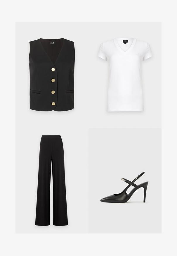Veste noire sans manches avec col en V, quatre boutons ronds dorés au centre, et deux poches fendues à l'avant.; T-shirt blanc à col en V en coton avec manches courtes, présentant un petit logo sur le côté gauche de la poitrine. Texture de tissu lisse.; Pantalon noir taille haute à jambes larges avec devant lisse et sans poches ni fermetures visibles sur un fond clair.; Escarpins slingback en cuir noir avec bout pointu, design ajouré et bride ajustable ornée de ferrures métalliques.