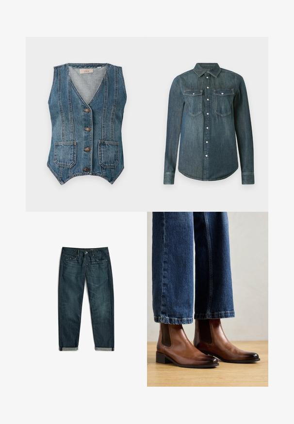 Blaues Jeanshemd ohne Ärmel mit V-Ausschnitt, vier Metallknöpfen, zwei Fronttaschen und vertikalen Nahtdetails.; Dunkelblaues Jeanshemd mit langen Ärmeln, durchgeknöpft vorne und zwei Brusttaschen mit Klappen und Knöpfen.; Dunkelblaue aufgerollte Jeans aus Denim mit Fronttaschen, Gürtelschlaufen und Knopfverschluss, flach auf weißem Hintergrund gelegt.; Braune Lederankelstiefel mit elastischen seitlichen Einsätzen, quadratischer Zehenform und niedrigem Blockabsatz, getragen mit blauen Jeans. Hartholzboden darunter.