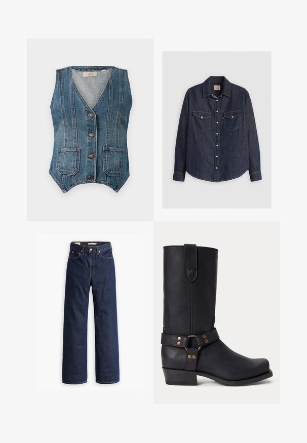 Blauwe denim mouwloze vest met V-hals, vier metalen knopen, twee voorzakken en verticale naad-details.; Donkerblauwe denim overhemd met lange mouwen, kraag met knopen aan de voorkant, twee borstzakken met kleppen en contrasterende gele stiksels.; Donkerblauwe rechte spijkerbroek met vijf zakken, oranje stiksels en een knopen sluiting.; Zwarte leren laars tot halverwege de kuit met lage hak, ronde neus en decoratieve band met metalen klinknagels en ring rond de enkel.