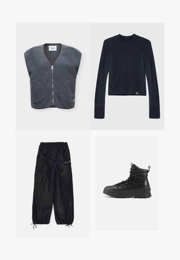 Veste polaire sans manches gris foncé avec zipper devant et deux poches arrondies, étiquetée Marc O'Polo Denim.; Haut à manches longues en navy avec une texture côtelée, présentant des accents à pois le long des manches et un col haut. Logo de la marque en bas à gauche.; Pantalons cargo noirs en nylon brillant avec une taille élastique, cordon de serrage réglable, poches latérales et poignets élastiques.; Bottine de randonnée noire avec une tige en cuir synthétique et une semelle en caoutchouc. Présente des lacets ronds, des œillets, un col rembourré et une finition texturée.