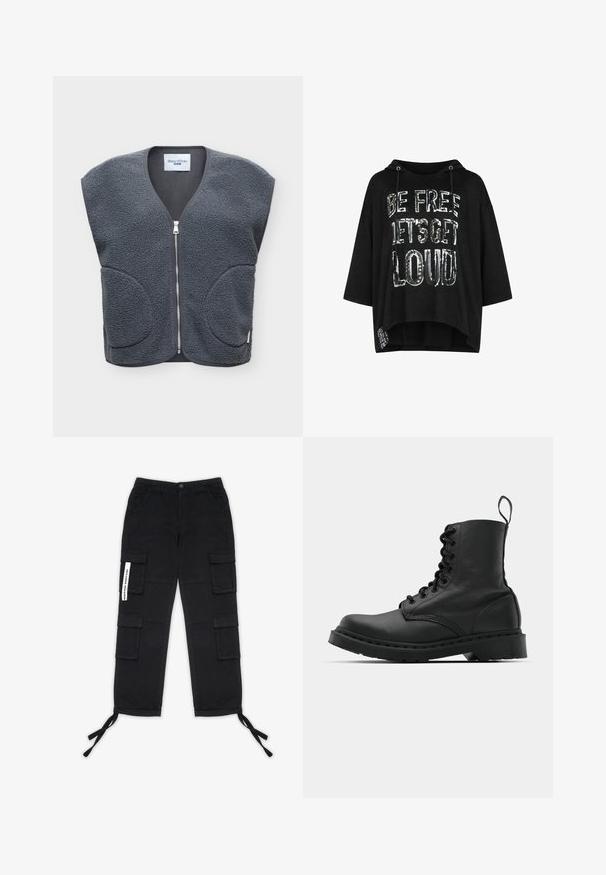 Veste polaire sans manches gris foncé avec zipper devant et deux poches arrondies, étiquetée Marc O'Polo Denim.; Sweat à capuche noir ample avec manches trois-quarts et texte argenté "BE FREE LET'S GET LOUD" à l'avant avec cordons noirs.; Pegador TANAMI WIDE PANTS - Pantalon cargo - black; Botte de combat en cuir noir avec un bout rond, un laçage à l'avant et une sangle au niveau de la cheville. Dispose d'une semelle en caoutchouc épaisse pour une durabilité optimale.