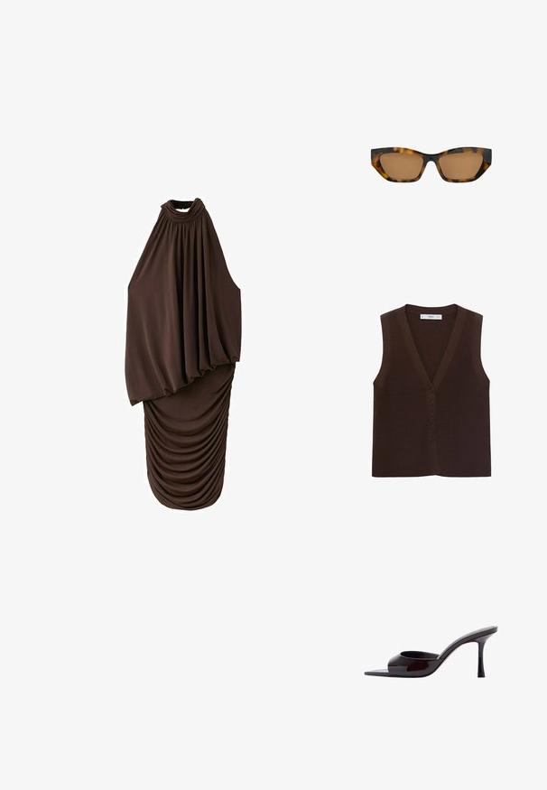 Brun strikket vest med V-hals, der har en knappet front og en ribbet tekstur. Uden ærmer, minimalistisk design.; Ærmeløs mørkebrun midikjole med høj halsudskæring, draperet løs overdel og rynket tætsiddende nederste del af nederdelen.; Sort laklæder mule med åbent tåparti, slank mellemhøj stilethæl og lavt skåret overskrivebånd.; Rektangulære skildpaddemønstrede solbriller med let katteøjeformede brune tonede linser og en blank finish.