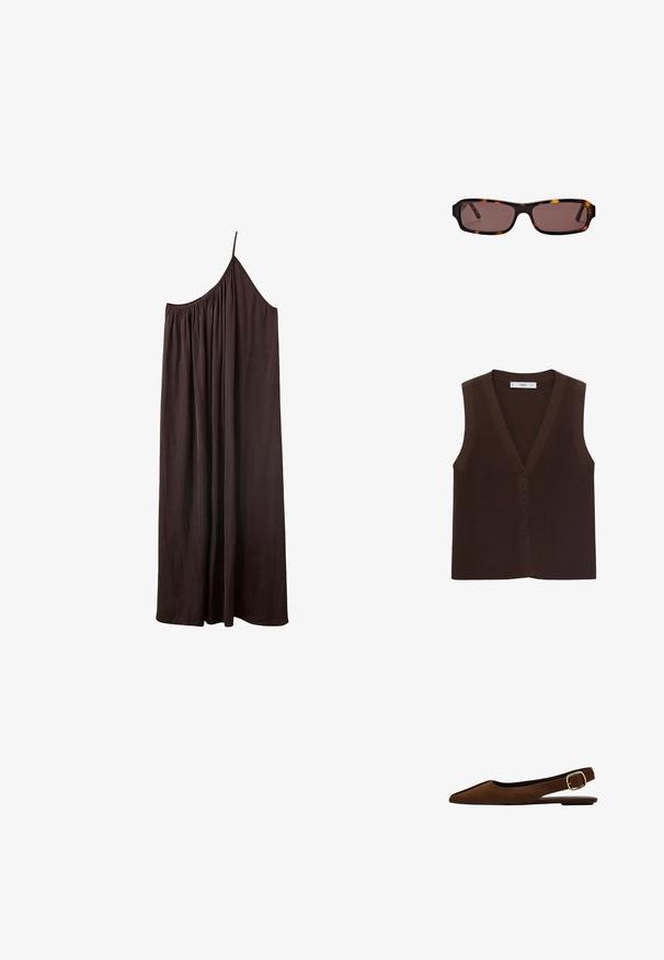 Bruine gebreide vest met een V-hals, voorzien van een knoopsluiting aan de voorkant en een ribbelstructuur. Zonder mouwen, minimalistisch ontwerp.; Donkerbruine maxijurk met één schouder, een dun bandje en geplooide stof bij de halslijn tegen een witte achtergrond.; Bruine suède platte slingback met een spitse neus, gouden gespsluiting en een dunne zwarte zool.; Rechthoekige schildpadzonnebril met donkerbruine glazen en slanke pootjes, afgebeeld tegen een witte achtergrond.
