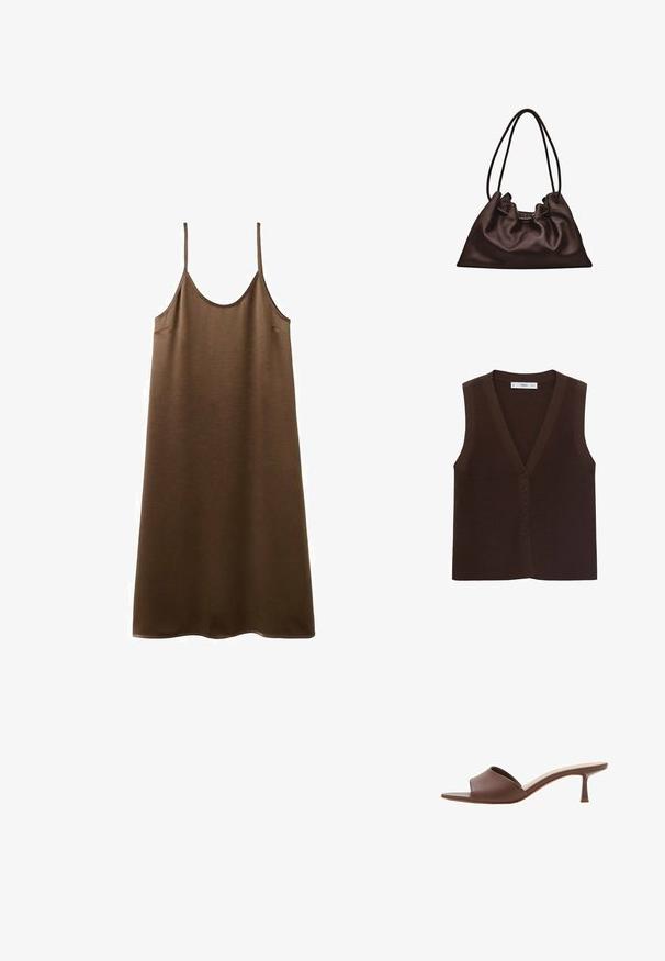 Bruine gebreide vest met een V-hals, voorzien van een knoopsluiting aan de voorkant en een ribbelstructuur. Zonder mouwen, minimalistisch ontwerp.; Bruine mouwloze slipdress met dunne schouderbandjes en een ronde halslijn, hangend tegen een witte achtergrond.; Bruine leren mule met open teen, lage, slanke kittenhak en gevoerde binnenzool, getoond tegen een witte achtergrond.; Zachte donkerbruine leren handtas met een slungelige vorm en twee dunne schouderbandjes tegen een witte achtergrond.