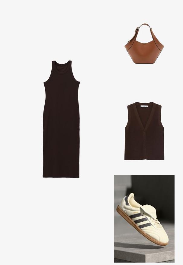 Bruine gebreide vest met een V-hals, voorzien van een knoopsluiting aan de voorkant en een ribbelstructuur. Zonder mouwen, minimalistisch ontwerp.; Mouwloze, aansluitende zwarte midi-jurk met ronde halslijn en geribbelde rand, getoond op een witte achtergrond.; Crème leren sneaker met drie donkere strepen, een bruine gumrubberen zool en een ronde neus. Voorzien van een opvouwbare tong met het label "SAMBA."; Bruine leren handtas met brede gebogen vorm, enkele verstelbare schouderriem en gestikte randen op witte achtergrond.