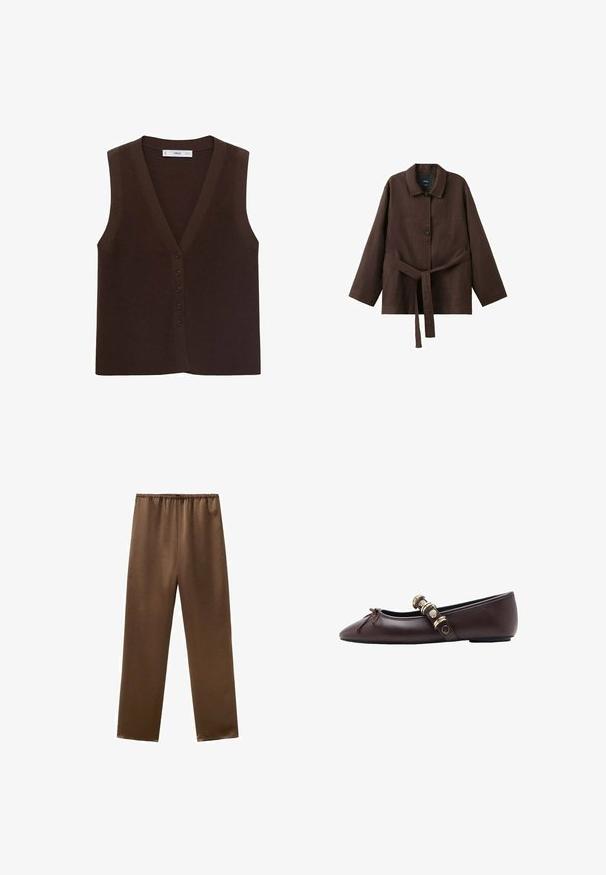 Brun strikket vest med V-hals, der har en knappet front og en ribbet tekstur. Uden ærmer, minimalistisk design.; Mørkebrun langærmet jakke med krave, to knapper og et matchende bælte i stof bundet om taljen.; Brune satinbukser med lige ben og elastisk taljebånd, uden synlige lommer eller pynt, vist mod en hvid baggrund.; Mørkebrunt læder flad sko med spids tå, dekorativ sløjfe og rem med guldfarvede metalkrøller og nitter.