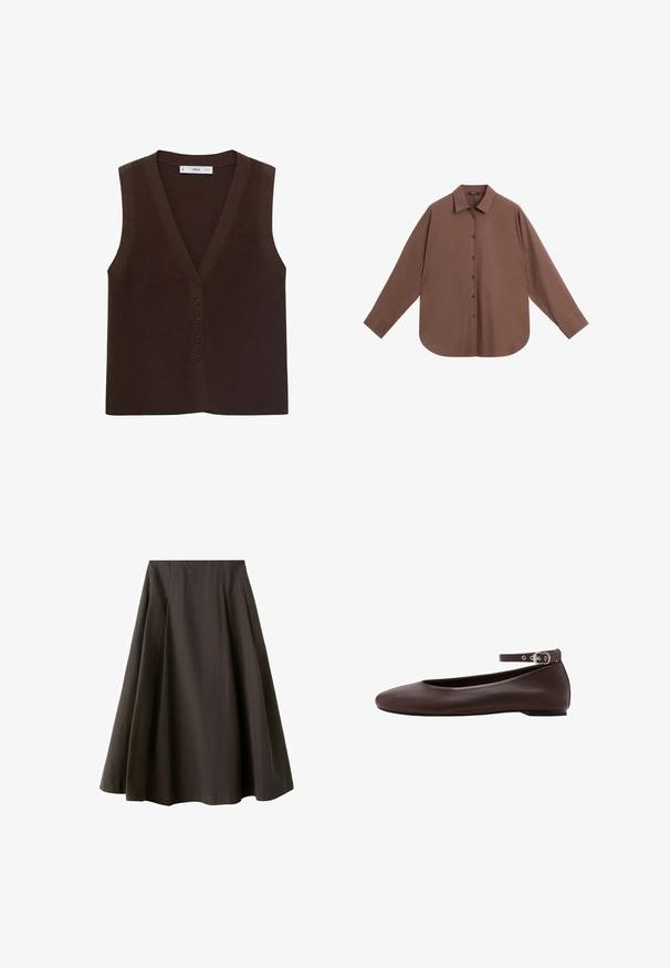 Bruine gebreide vest met een V-hals, voorzien van een knoopsluiting aan de voorkant en een ribbelstructuur. Zonder mouwen, minimalistisch ontwerp.; Bruine blouse met lange mouwen en knopen, met puntige kraag en afgeronde zoom, plat uitgestald op een witte achtergrond.; Zwarte A-lijn rok met hoge taille en uitlopende zoom, gemaakt van gladde stof, getoond tegen een witte achtergrond.; Donkerbruine platte schoen met afgeronde neus en verstelbare enkelband met zilveren gesp op witte achtergrond.