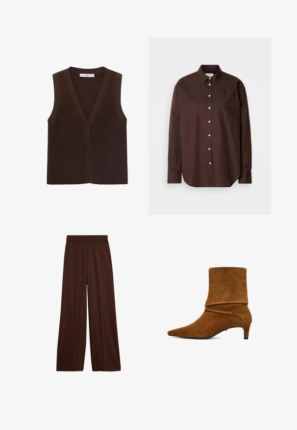 Brun strikket vest med V-hals, der har en knappet front og en ribbet tekstur. Uden ærmer, minimalistisk design.; Brun knap-up skjorte i bomuldsstof, med lange ærmer, en brystlomme, hvide knapper og et klassisk kravedesign.; Brune, vidde bukser lavet af blødt stof med en flad linning og folder foran, med en glat tekstur og uden synlige mønstre.; Brun ruskindsankelstøvle med spids snude, lav kittenhæle, blød overdel og tynd rem med lille gyldent spænde.