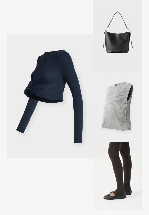 Blusa de maternidad gris con canalé, cuello redondo y cierre de botones laterales, que presenta cuatro botones dorados a lo largo de la costura izquierda.; Top corto de manga larga azul marino con detalle fruncido en forma de giro en la parte delantera y escote redondeado.; Piernas con leggings oscuros acanalados combinados con bailarinas negras que presentan pequeños detalles de lazo sobre un fondo blanco.; Bolso de hombro de cuero negro con una sola correa ancha y herrajes plateados sutiles sobre un fondo blanco liso.