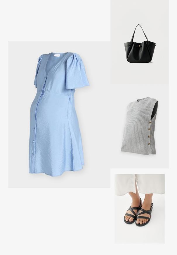 Blusa de maternidad gris con canalé, cuello redondo y cierre de botones laterales, que presenta cuatro botones dorados a lo largo de la costura izquierda.; Vestido premamá azul claro de manga corta con botones delanteros, escote en V y tela ligeramente texturizada sobre un fondo liso.; Pies con sandalias negras con tiras y hebillas en el tobillo, combinadas con una prenda blanca que termina por encima de los tobillos sobre un fondo blanco.; Bolso tote de cuero negro con dos correas para el hombro, un pequeño cierre dorado y el logo "Anna Field" sobre un fondo blanco.