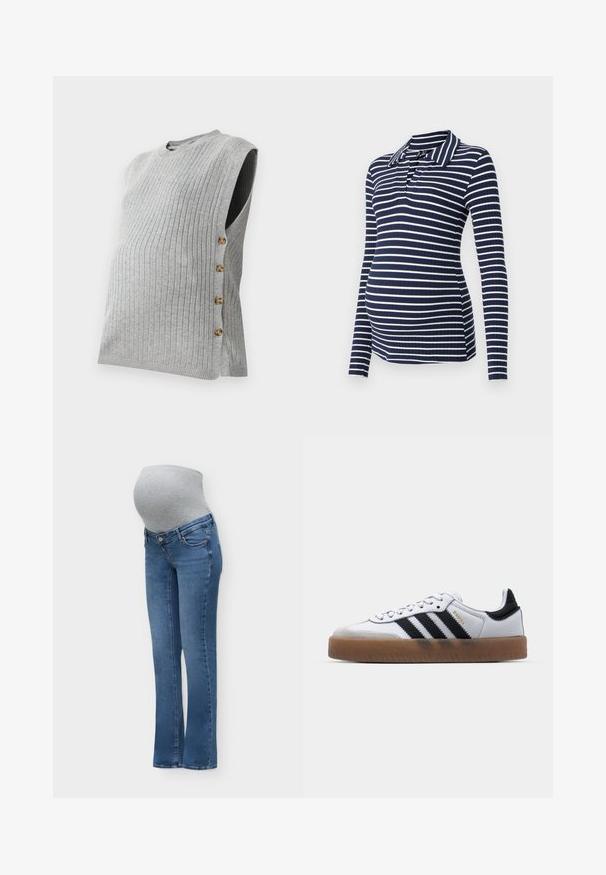 Blusa de maternidad gris con canalé, cuello redondo y cierre de botones laterales, que presenta cuatro botones dorados a lo largo de la costura izquierda.; Camisa polo de maternidad de manga larga en rayas azul marino y blanca, con textura acanalada, cuello y escote en V, diseñada para una silueta ajustada.; Vaqueros premamá azules con un panel elástico gris en la barriga, diseñado para ajustarse sobre la barriga de embarazo para mayor comodidad y soporte.; Zapatillas de cuero blancas con rayas negras, suela de goma, puntera redonda, cierre de cordones y caperuza de ante gris suave.