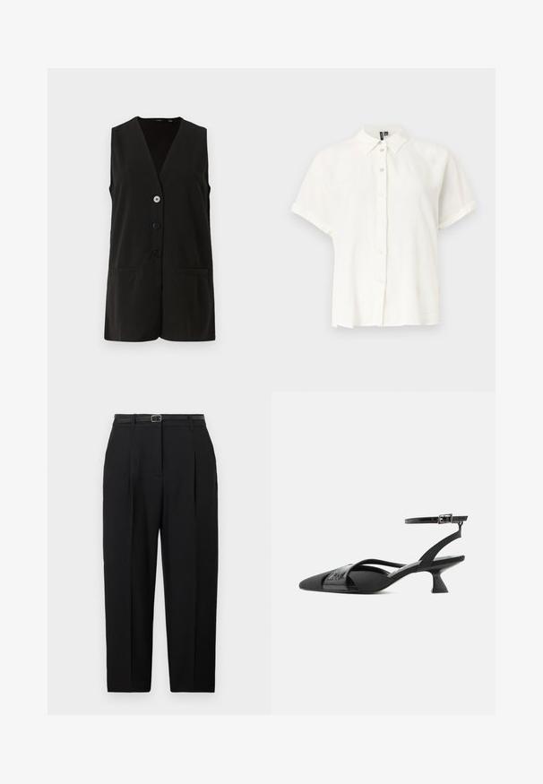 Chaleco negro sin mangas con un diseño de escote en V, que cuenta con cuatro botones y dos bolsillos frontales, hecho de una tela suave.; Camisa blanca de manga corta con botones, cuello, botones visibles en la parte delantera y puños doblados sobre fondo liso.; Pantalones negros de talle alto hechos a medida, con bolsillos laterales y un cinturón fino a juego con hebilla metálica rectangular.; Zapato negro de tacón bajo tipo kitten con punta puntiaguda, correa del talón y finas correas asimétricas cruzadas en el tobillo sobre fondo blanco.