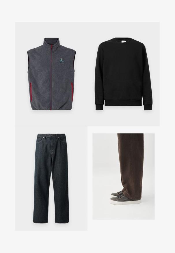 Grå fleecevest med høj krave, røde lynlåse og sidelommer. Har et broderet design på den øverste venstre side.; Sort sweatshirt lavet af bomuldsblanding; har rund hals, lange ærmer og ribbede mansjetter og forneden for en tætsiddende pasform.; Mørk denimjeans med lige bendesign, der har en traditionel fem-lommeopbygning og en metalknaplukning i taljen.; Mørkebrune teksturerede bukser kombineret med grå sneakers med en glat læderoverdel, rundet tå og hvid gummisål.