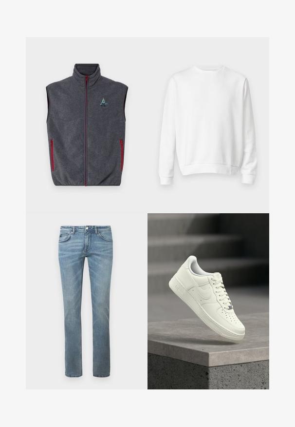 Grå fleecevest med høj krave, røde lynlåse og sidelommer. Har et broderet design på den øverste venstre side.; Hvid crewneck sweatshirt lavet af blødt bomuldsstof. Lange ærmer, ribbede manchetter og kant, glat tekstur og minimalistisk design.; Lys blå jeans med lige ben-design, lavet af denim. Funktioner inkluderer standard lommer, bæltestropper og subtil falmning.; Hvid lædersneaker med lavprofildesign, tekstureret overflade, perforeringer på tåen og sølvfarvede detaljer på snørebånd og mærkning.