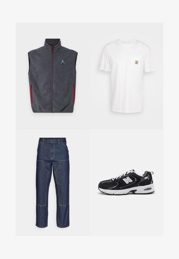 Grå fleecevest med høj krave, røde lynlåse og sidelommer. Har et broderet design på den øverste venstre side.; Hvid bomulds T-shirt med korte ærmer, en brystlomme, og et lille firkantet logo patch i orange og hvid på lommen.; Mørkeblå denim jeans med høj talje, lige ben-design, kontrastsyninger og lappelommer foran.; Sorte og grå sportssko med mesh og ruskind på overdelen, der har en hvid mellemsål, snørebånd og et iøjnefaldende "N" logo på siden.