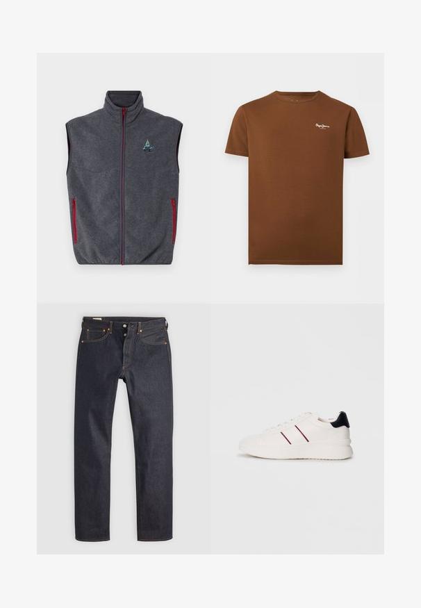 Chaleco de forro polar gris con cuello alto, cremalleras rojas y bolsillos laterales. Presenta un diseño bordado en la parte superior izquierda.; Camiseta marrón de manga corta con cuello redondo y pequeño logo blanco "Pepe Jeans London" en el pecho izquierdo.; Vaqueros de mezclilla azul oscuro con diseño de pierna recta, con costuras naranjas y estilo clásico de cinco bolsillos. Cierre de botón y cremallera.; Zapatilla blanca con rayas rojas, diseño de cuero liso, suela ligeramente elevada, punta redondeada y acento en el talón negro en contraste.