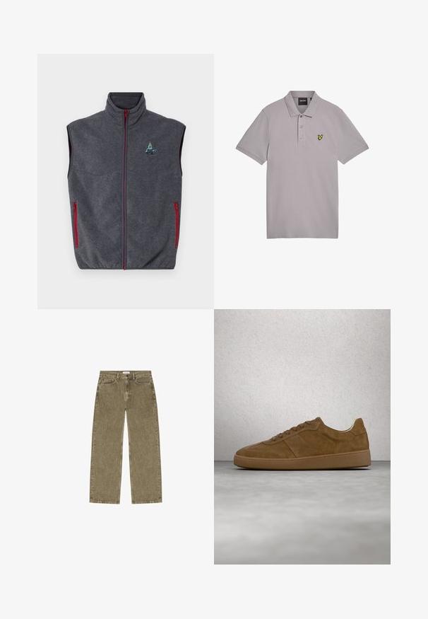 Chaleco de forro polar gris con cuello alto, cremalleras rojas y bolsillos laterales. Presenta un diseño bordado en la parte superior izquierda.; Polo de manga corta gris claro con tres botones y logo de pájaro amarillo en el pecho izquierdo.; Vaqueros de denim verde oliva de corte recto con cinco bolsillos y cierre de botones, mostrados planos sobre un fondo blanco.; Zapatilla deportiva de ante marrón con cordones color beige y suela de goma. Presenta una puntera redondeada y detalles cosidos en la parte superior. Diseño ligero.