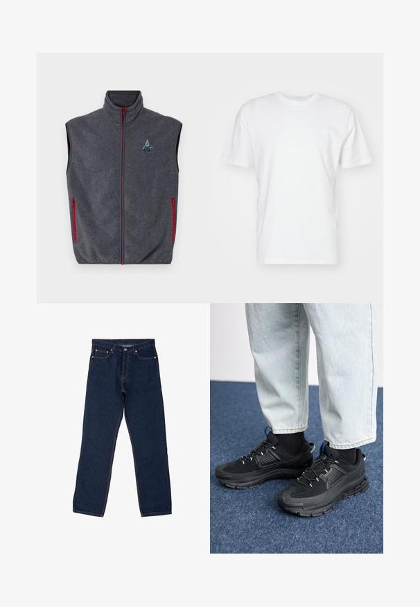 Harmaa fleece-liivi korkealla kauluksella, punaisilla vetoketjuilla ja sivutaskuilla. Tässä on brodeerattu kuvio vasemmassa yläkulmassa.; Valkoinen puuvillapaita, jossa on lyhyet hihat, pyöreä kaula-aukko ja sileä pinta. Yksinkertainen muotoilu ilman kuvioita tai graafisia elementtejä.; Tummansiniset farkut suoran lahkeen muotoilulla, näkyvillä oransseilla tikkauksilla, viisi taskua ja tavallinen nappikiinnitys.; Mustat urheilukengät, joissa on teksturoitu kangas ja kumipohjat, elastiset nauhat ja sininen yksityiskohta kannassa. Yhdistetty vaaleisiin farkkuihin.