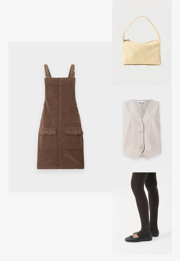 Gilet sans manches beige avec des rayures verticales, décolleté en v, fermeture à cinq boutons et poches latérales. Fabriqué en tissu texturé.; Robe salopette en velours côtelé marron avec bretelles réglables, deux poches avant et une couture centrale. Tissu texturé au toucher doux.; Jambes portant des leggings côtelés foncés associés à des ballerines noires avec de petits détails en nœud sur fond blanc.; Petit sac à main en cuir beige avec une seule bandoulière et des clous argentés le long des bords et de la bandoulière, posé sur un fond uni.