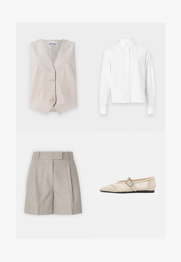 Gilet sans manches beige avec des rayures verticales, décolleté en v, fermeture à cinq boutons et poches latérales. Fabriqué en tissu texturé.; Chemise blanche à boutons, fabriquée en tissu léger. Présente des manches longues, un col classique et des rayures verticales discrètes. Design court.; Shorts gris clair avec une ceinture structurée, des plis et une coupe décontractée en lin lisse. Design simple et polyvalent.; Ballerines beiges à bout pointu avec un design à panneaux en maille, dotées d'une sangle à boucle et d'une semelle noire basse, mettant en avant un contraste de texture.