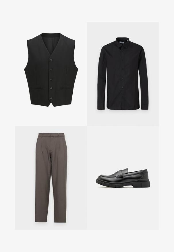 Chaleco negro sin mangas con solapa de muesca, cierre de seis botones y dos bolsillos frontales. Tejido suave con un ajuste entallado.; Camisa de botón negra de manga larga con collar clásico, hecha de una tela suave, con botones frontales y un diseño de corte regular.; Jack & Jones Classic Wide Leg Fit - Pantalones - pavement; Mocasin de cuero negro con una cinta ancha en el empeine, suela de goma con tacos gruesos y textura suave. Diseño clásico y elegante.