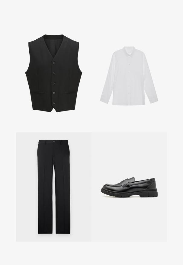 Sort ærmeløs vest med en notch-lapel, seks knaplukninger og to for- lommer. Glat stof med en skræddersyet pasform.; Hvid langærmet skjorte lavet af glat stof, med spidse krave, frontknaplukning og enknapsmanchetter.; Sorte, skræddersyede bukser med lige ben, glat stof, pressefolder foran og en enkelt knaplukning i taljen.; Sort læder loafersko med en bred rem over forfoden, gummisål med tykke mønstre og glat overflade. Klassisk, slankt design.