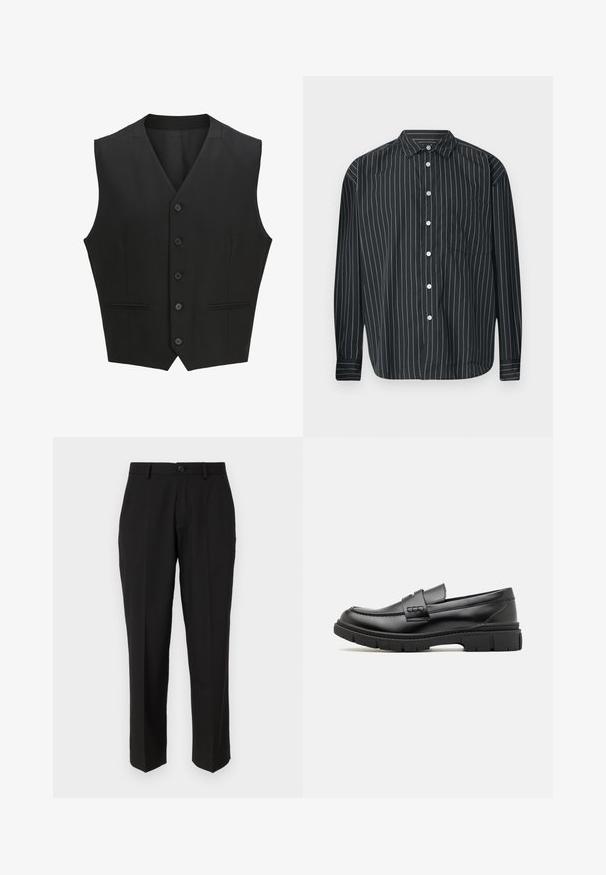 Zwarte mouwloze vest met een notch lapel, sluiting met zes knopen en twee voorzakken. Glad materiaal met een getailleerde pasvorm.; Zwarte lange mouwen button-up shirt met dunne witte verticale strepen, enkele borstzak, gladde stof en klassiek kraagontwerp.; Zwarte broeken van soepele stof, met een rechte pijpconstructie, vo pockets, een enkele knoopsluiting en geen zichtbare patronen.; Zwarte leren instapper met een brede band over de voet, rubberen zool met dikke noppen en een gladde textuur. Klassiek, strak ontwerp.