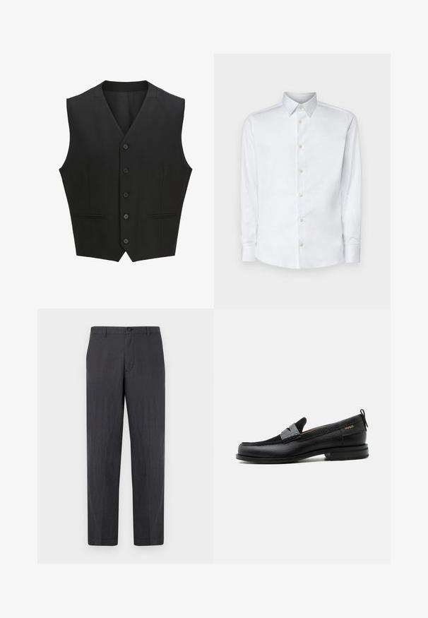 Chaleco negro sin mangas con solapa de muesca, cierre de seis botones y dos bolsillos frontales. Tejido suave con un ajuste entallado.; Camisa blanca de manga larga hecha de tela suave, con un cuello clásico, tapeta de botones y puños con botones, presentada sobre un fondo liso.; Pantalones rectos de color gris oscuro, fabricados en un tejido ligero. Cuentan con un cierre de botón y un frente plano sin bolsillos visibles. Textura suave.; Mocasín de cuero negro con detalle de tira gris, tacón bajo y suela texturizada, con la marca "HUGO" en oro en el lateral.