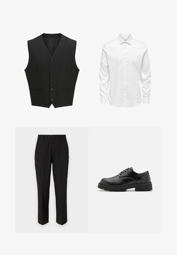 Chaleco negro sin mangas con solapa de muesca, cierre de seis botones y dos bolsillos frontales. Tejido suave con un ajuste entallado.; Camisa de vestir blanca para hombre de manga larga con cuello puntiagudo y fila frontal de botones blancos sobre un fondo liso.; Pantalones negros de tela suave, con un diseño de pierna recta, bolsillos delanteros, un cierre de botón y sin patrones visibles.; Zapatos de cuero negro con punta redondeada, diseño con cordones y una suela de goma gruesa y texturizada. Presentan costuras a lo largo del borde y un acabado suave.