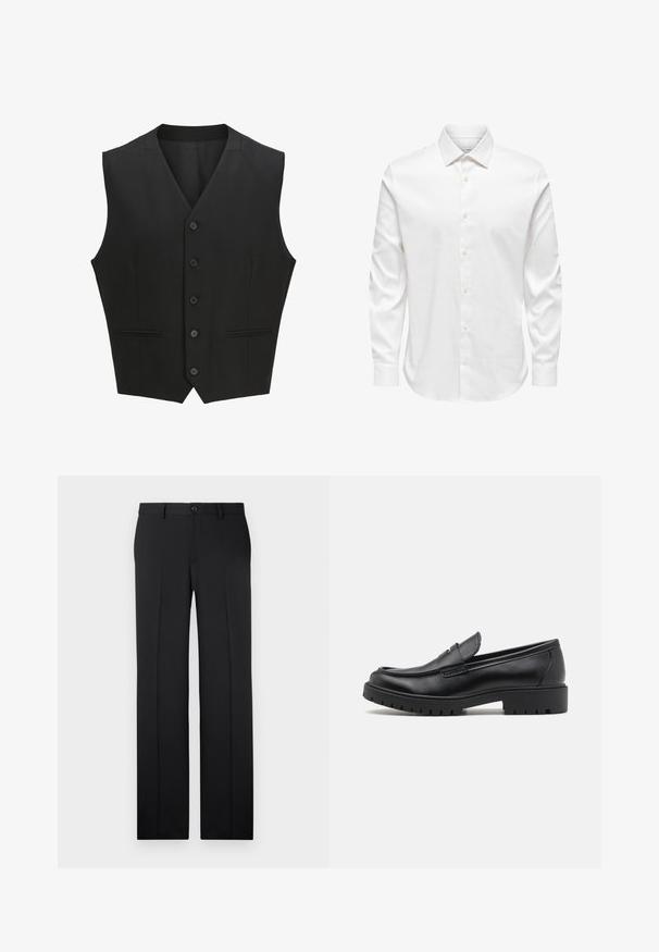 Zwarte mouwloze vest met een notch lapel, sluiting met zes knopen en twee voorzakken. Glad materiaal met een getailleerde pasvorm.; Wit herenshirt met lange mouwen, een puntige kraag en een rij witte knopen aan de voorkant op een effen achtergrond.; Zwarte, op maat gemaakte broek met een rechte pijp, zachte stof, voorvouwen en een enkele knoopsluiting in de taille.; Zwarte leren instappers met een ronde neus, slip-on ontwerp en dikke rubberen zool met een gestructureerde grip. Verhoogde hak en subtiele stikdetails.