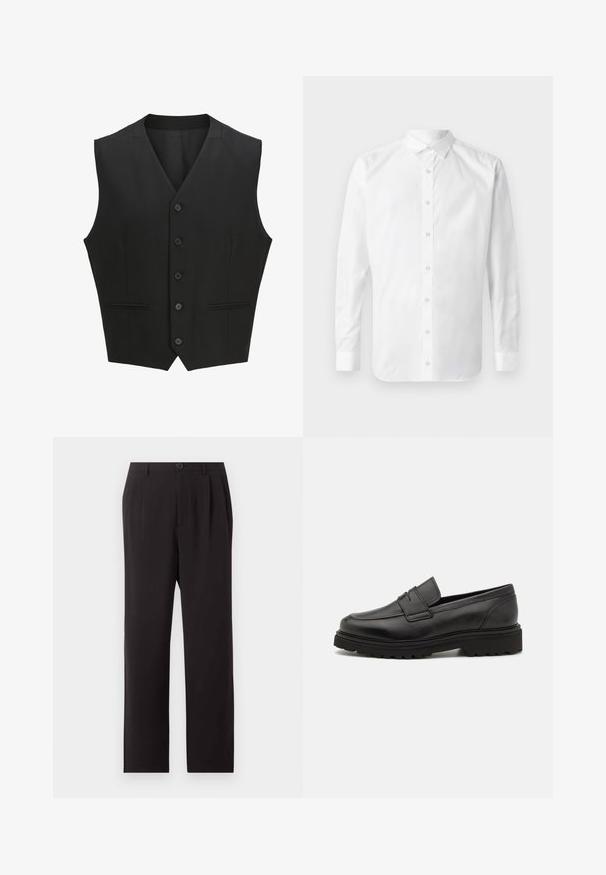 Zwarte mouwloze vest met een notch lapel, sluiting met zes knopen en twee voorzakken. Glad materiaal met een getailleerde pasvorm.; Witte langslijfknopshirt met een klassieke kraag, een voorpand met knopen en een gladde katoenstructuur.; Zwarte hooggetailleerde, op maat gemaakte broek met plooien, knoopsluiting, ceintuurlussen en rechte pijpen op een effen lichte achtergrond.; Zwarte leren loafers met een ronde neus, gestikte details en een dikke, gestructureerde zool. Heeft een strak, minimalistisch ontwerp.