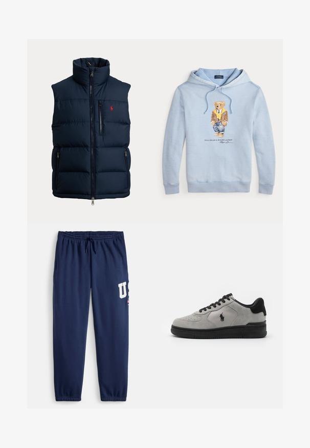Marineblaue Steppweste mit hohem Kragen, durchgehendem Frontreißverschluss, Reißverschluss an der Brusttasche, zwei Reißverschlüssen an den Seitentaschen und kleinem roten Logo auf der Brust.; Himmelblauer Kapuzenpulli mit einem Bären, der eine Brille, einen gelben Schal, eine braune Jacke, Jeans und Sneaker trägt, mit dem Text "Polo Bear by Ralph Lauren" darunter.; Marineblaue Sweatpants aus Baumwollmischung, mit elastischem Bund und Kordelzug, seitlichen Taschen und einem großen weißen "US"-Logo.; Graue Wildleder-Sneaker mit schwarzen Akzenten, mit einem strukturierten Stoffseitenteil, runder Zehenpartie und schwarzer Gummisohle. Logo auf der Seite eingestickt.