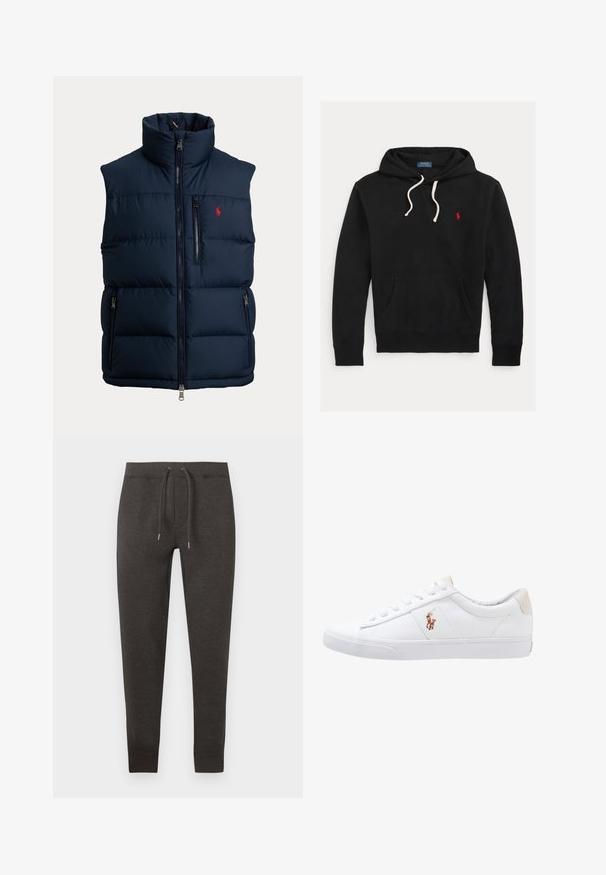 Marineblauwe pufferbodywarmer met hoge kraag, volledige ritssluiting aan de voorkant, ritssluiting op de borstzak, twee ritsen op de zijzakken en een klein rood logo op de borst.; Zwarte hoodie met witte trekkoorden, voorzak en klein rood Polo Ralph Lauren-logo op de borst.; Donkergrijze sweatpants gemaakt van zacht materiaal, met een elastische tailleband en trekkoorden, taps toelopende pijpen en boorden bij de enkels.; Witte canvas sneakers met een laag ontwerp, featuring een beige hieltab en een klein geborduurd logo aan de zijkant. Rubber zool.