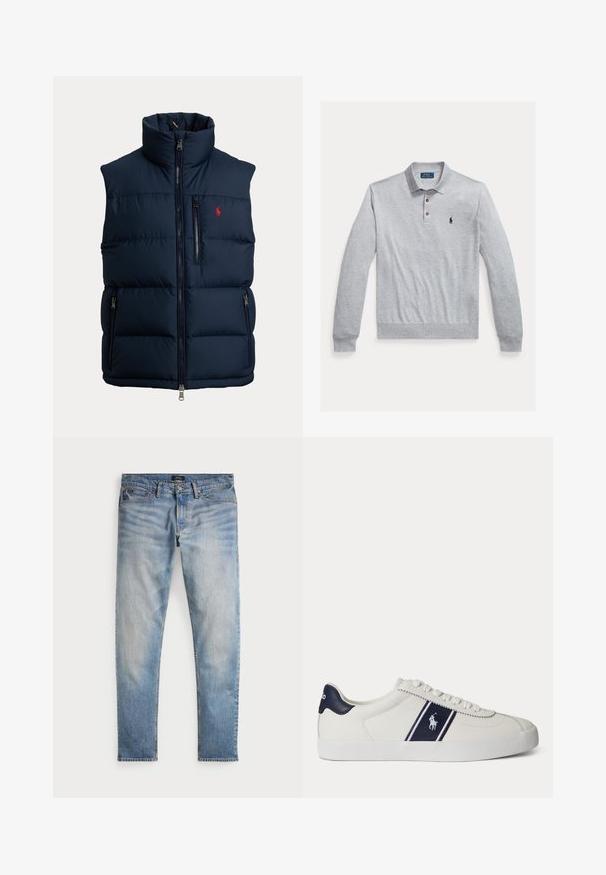Marineblaue Steppweste mit hohem Kragen, durchgehendem Frontreißverschluss, Reißverschluss an der Brusttasche, zwei Reißverschlüssen an den Seitentaschen und kleinem roten Logo auf der Brust.; Graues Langarm-Poloshirt aus Baumwolle mit einer Knopfleiste mit drei Knöpfen, gerippten Bündchen und einem kleinen marineblauen Logo auf der linken Brust.; Helle blaue Denim-Jeans mit einem ausgewaschenen Finish, Fünf-Taschen-Design und kontrastierenden Nähten. Mit Reißverschluss und Gürtelschlaufen. Gerade geschnitten.; Weißer niedriger Sneaker mit dunkelblauem Streifen und Logo an der Seite sowie dunkelblauer Fersenschlaufe, flacher weißer Sohle und weißen Schnürsenkeln.