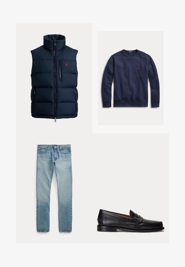 Chaleco acolchado azul marino con cuello alto, cremallera completa en la parte delantera, cremallera en el bolsillo del pecho, dos cremalleras en los bolsillos laterales y pequeño logo rojo en el pecho.; Sudadera azul marino de manga larga con cuello redondo y logotipo rojo de Polo Ralph Lauren bordado en el pecho izquierdo.; Vaqueros de mezclilla azul claro de pierna recta con cinco bolsillos, cierre de botón y detalles sutiles descoloridos alrededor de los muslos y las rodillas.; Mocasín negro de cuero con tacón bajo y detalle de correa para moneda, mostrado de lado sobre un fondo gris claro.