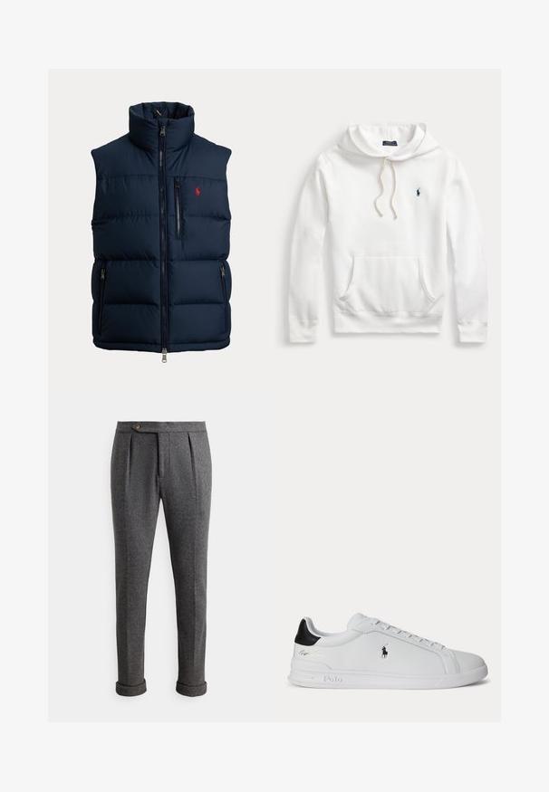 Chaleco acolchado azul marino con cuello alto, cremallera completa en la parte delantera, cremallera en el bolsillo del pecho, dos cremalleras en los bolsillos laterales y pequeño logo rojo en el pecho.; Sudadera con capucha blanca Polo Ralph Lauren con bolsillo frontal, capucha con cordón y logo bordado en azul marino en el lado izquierdo del pecho.; Pantalones de lana gris con pliegues, cierre con botón y dobladillos enrollados. Textura suave con un diseño entallado para un ajuste estructurado.; Zapatilla blanca de corte bajo con lengüeta trasera negra, cordones y logo de Polo Ralph Lauren en el lateral, con detalles en relieve en la suela.